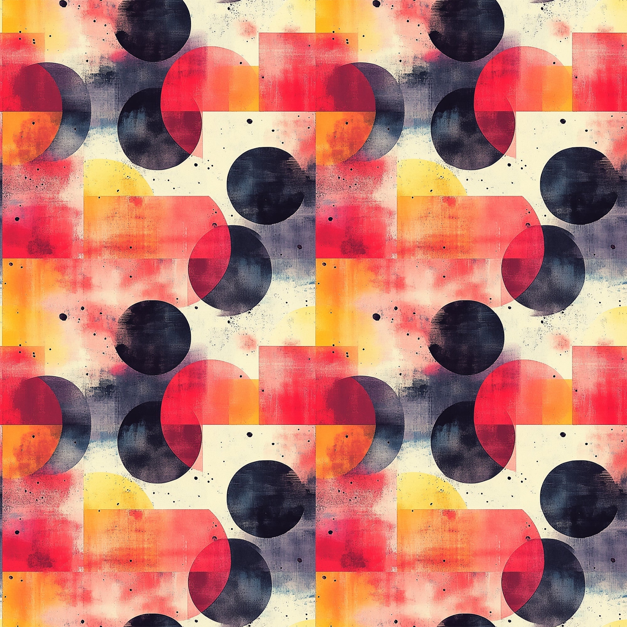 coral, orange, navy blue, cream, geometric circles, overlapping shapes, mid century modern, retro design, abstract pattern, watercolor texture, vintage style,, fabric panel, contemporary geometric, circular motifs, warm tones, modern abstract, artistic design, repetitive pattern