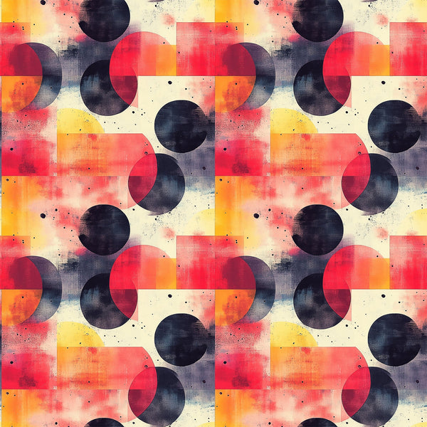 coral, orange, navy blue, cream, geometric circles, overlapping shapes, mid century modern, retro design, abstract pattern, watercolor texture, vintage style,, fabric panel, contemporary geometric, circular motifs, warm tones, modern abstract, artistic design, repetitive pattern