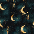 teal, deep teal, gold, golden, dark teal, celestial, night sky, moons, stars, magical, mystical, whimsical, elegant, vintage, potion bottles, witchy, enchanted, nighttime, moon phases, gold sparkles, luxury, dark academia, gothic, dreamy, fantasy, nursery, kids room, baby shower