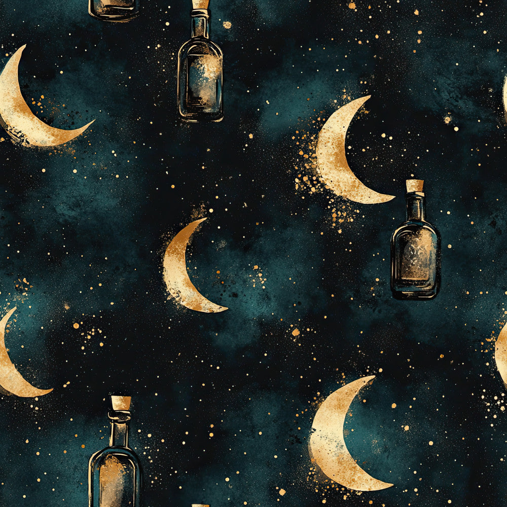 teal, deep teal, gold, golden, dark teal, celestial, night sky, moons, stars, magical, mystical, whimsical, elegant, vintage, potion bottles, witchy, enchanted, nighttime, moon phases, gold sparkles, luxury, dark academia, gothic, dreamy, fantasy, nursery, kids room, baby shower