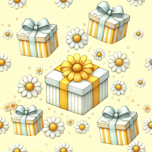 yellow background, gift boxes, white daisies, orange centers, striped wrapping paper, blue ribbons, yellow flower, pastel colors, floral pattern, present motifs,, fabric panel, whimsical design, cheerful mood, spring theme, repeating pattern, soft illustration, craft fabric, sewing material