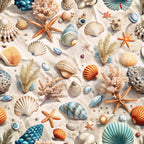 seashells, starfish, coral, ocean treasures, sandy beige, turquoise blue, orange, cream, nautical pattern, marine life, beach theme, scattered design,, fabric panel, coastal motif, sea creatures, shells collection, ocean floor, realistic illustration, summer vibes