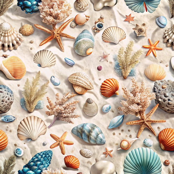 seashells, starfish, coral, ocean treasures, sandy beige, turquoise blue, orange, cream, nautical pattern, marine life, beach theme, scattered design,, fabric panel, coastal motif, sea creatures, shells collection, ocean floor, realistic illustration, summer vibes