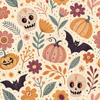cream background, orange pumpkins, beige skulls, black bats, autumn flowers, coral blooms, sage green leaves, retro illustration, whimsical halloween, scattered pattern,, fabric panel, seasonal motifs, fall colors, cute spooky, vintage style, botanical elements, halloween characters, warm palette, repeating design