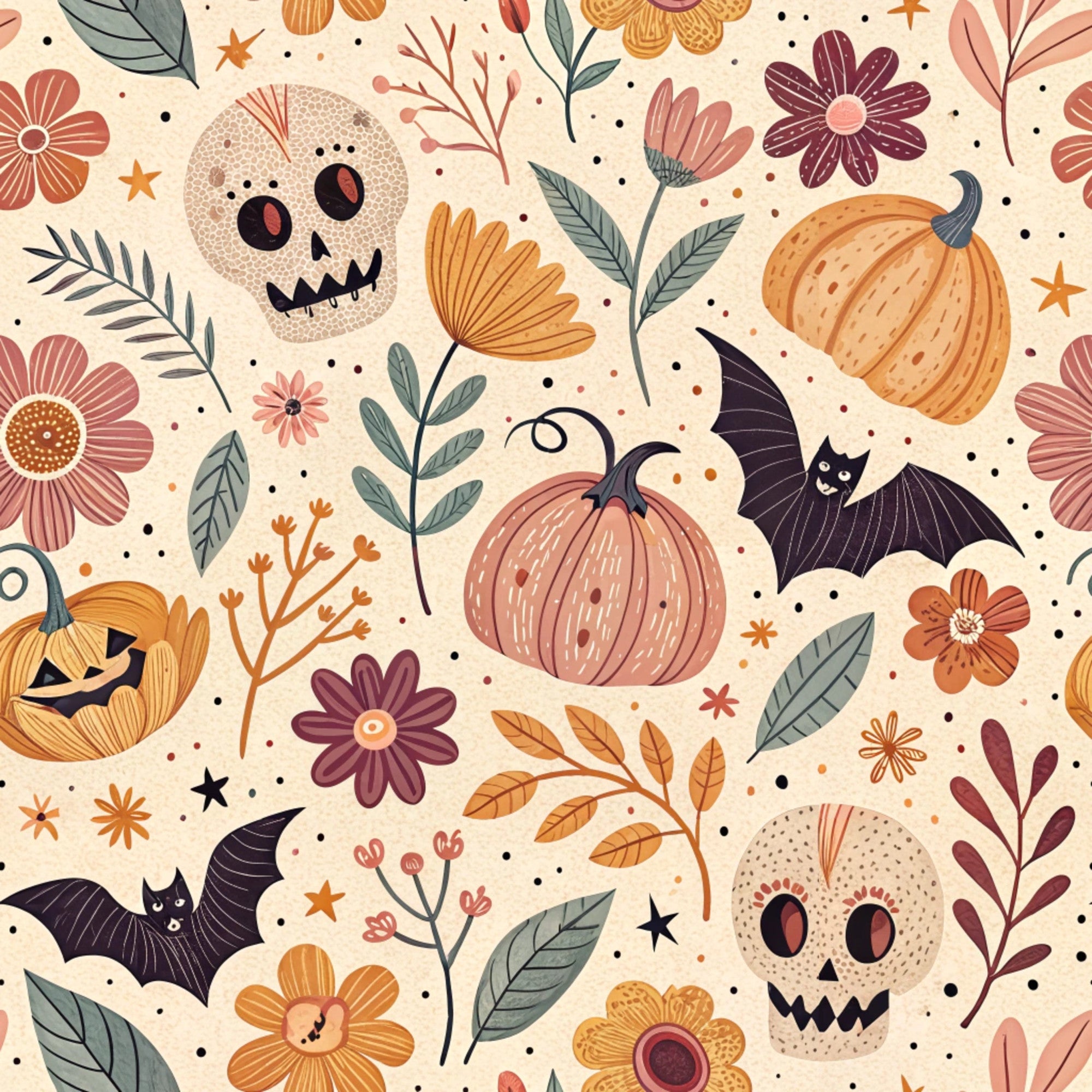 cream background, orange pumpkins, beige skulls, black bats, autumn flowers, coral blooms, sage green leaves, retro illustration, whimsical halloween, scattered pattern,, fabric panel, seasonal motifs, fall colors, cute spooky, vintage style, botanical elements, halloween characters, warm palette, repeating design
