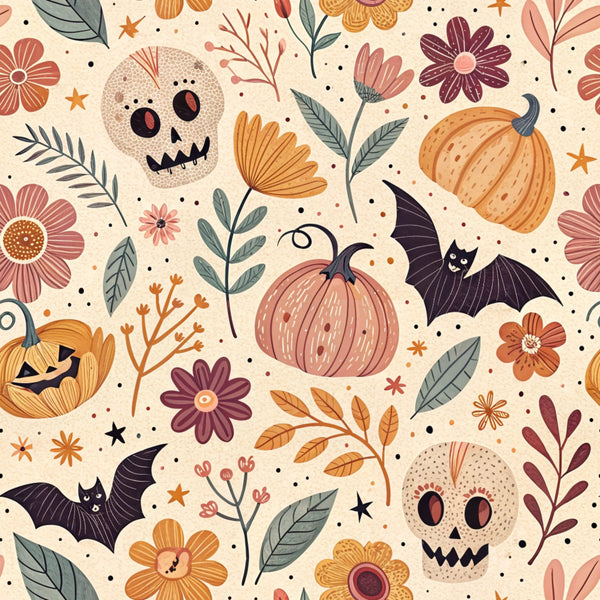 cream background, orange pumpkins, beige skulls, black bats, autumn flowers, coral blooms, sage green leaves, retro illustration, whimsical halloween, scattered pattern,, fabric panel, seasonal motifs, fall colors, cute spooky, vintage style, botanical elements, halloween characters, warm palette, repeating design