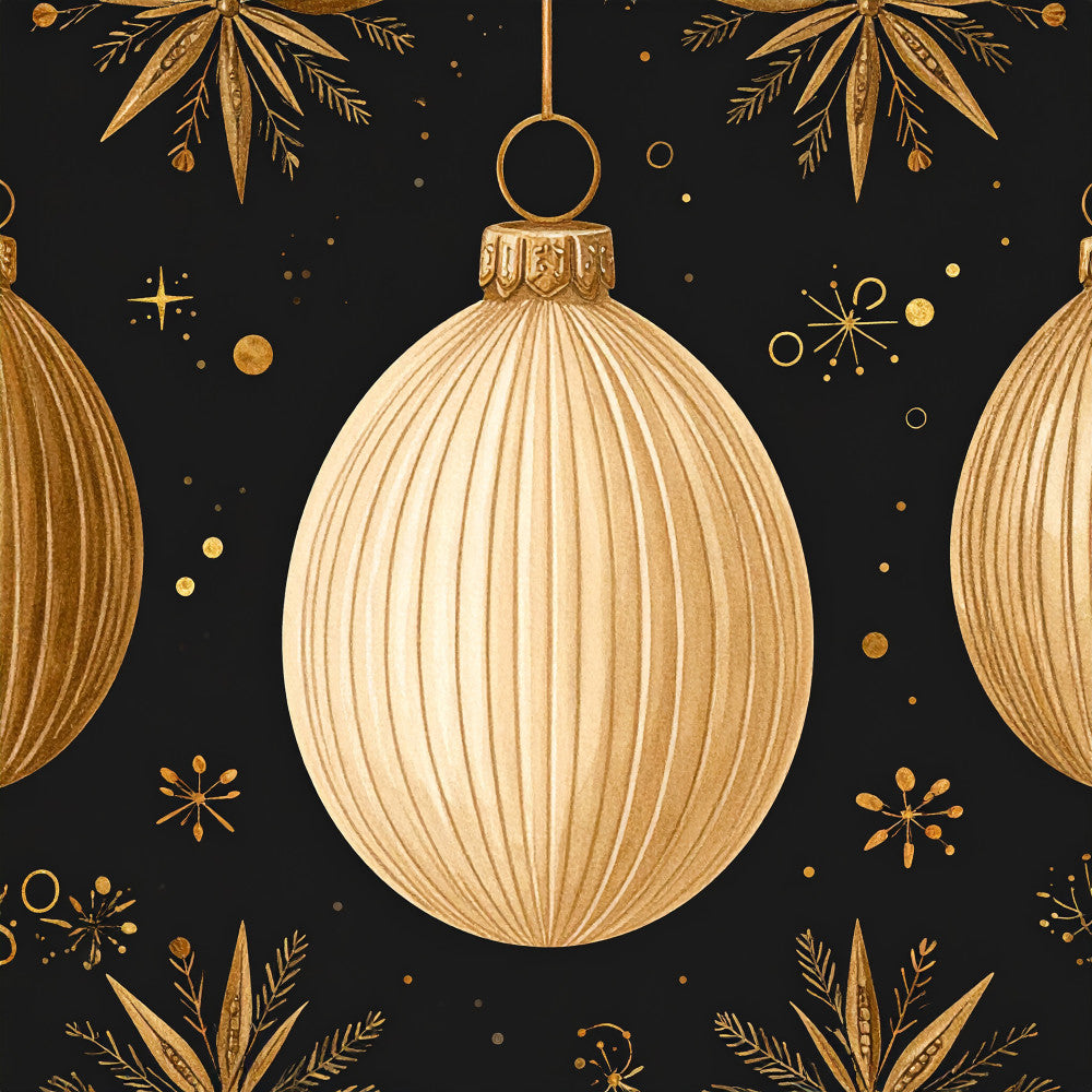 gold ornaments, black background, metallic gold, cream ivory, elegant christmas, holiday decorative, festive theme, winter holiday, luxe aesthetic, glamorous style, sophisticated pattern, ornament motifs, geometric spheres, celestial sparkle, snowflake design, botanical elements, evergreen branches, fern leaves, art deco style, classic holiday, premium holiday, traditional christmas, golden accents, luxury decor, festive nursery, holiday nursery, winter wonderland, upscale aesthetic, refined elegance