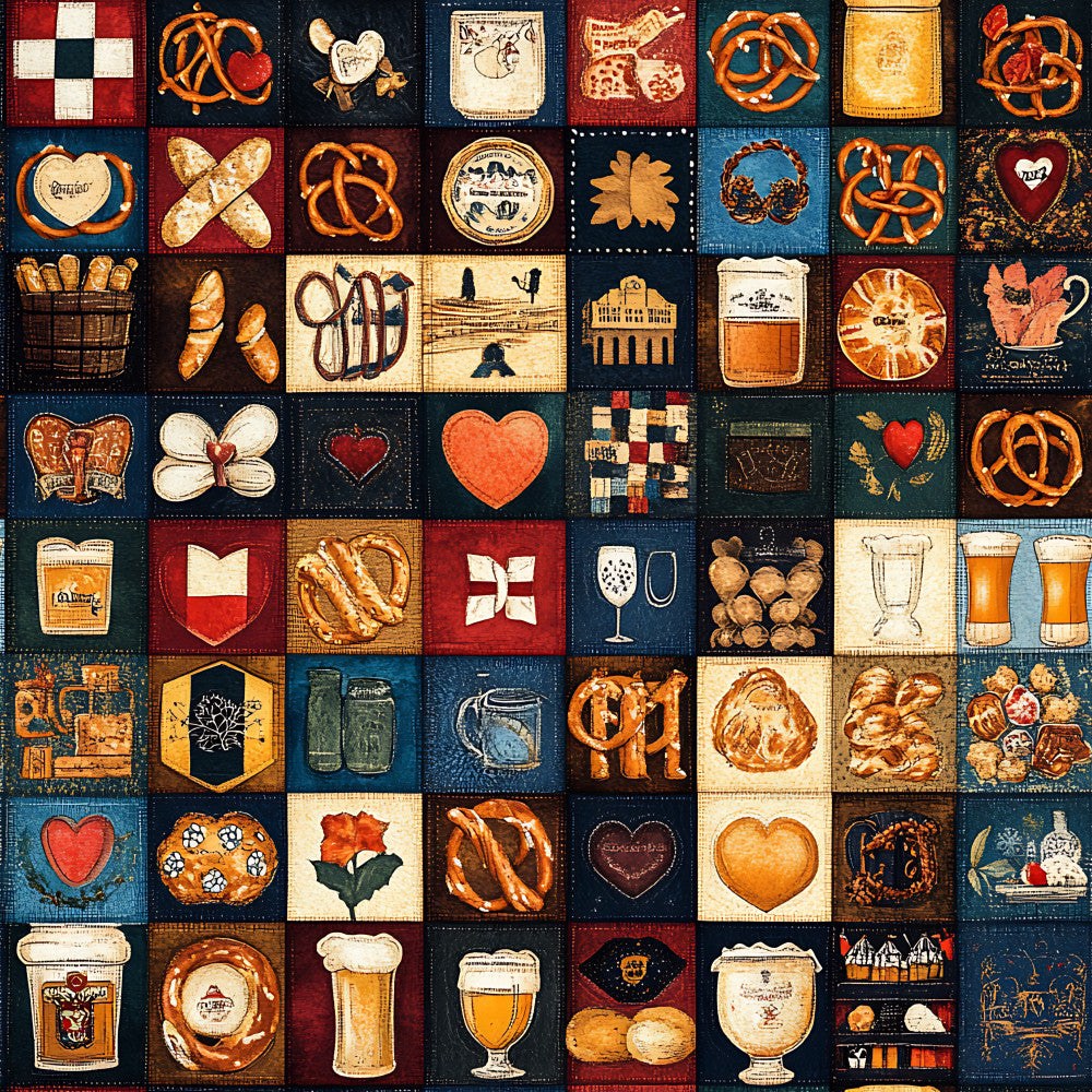 burnt orange, cream, navy blue, deep red, dark teal, rust, gold, heart motifs, pretzel, bread, beer, bavarian, german, vintage, retro, traditional, rustic, farmhouse, folk art, cottagecore, food themed, culinary, kitchen decor, brewery, oktoberfest, cozy aesthetic, warm tones, heritage design, cultural pattern