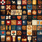 burnt orange, cream, navy blue, deep red, dark teal, rust, gold, heart motifs, pretzel, bread, beer, bavarian, german, vintage, retro, traditional, rustic, farmhouse, folk art, cottagecore, food themed, culinary, kitchen decor, brewery, oktoberfest, cozy aesthetic, warm tones, heritage design, cultural pattern