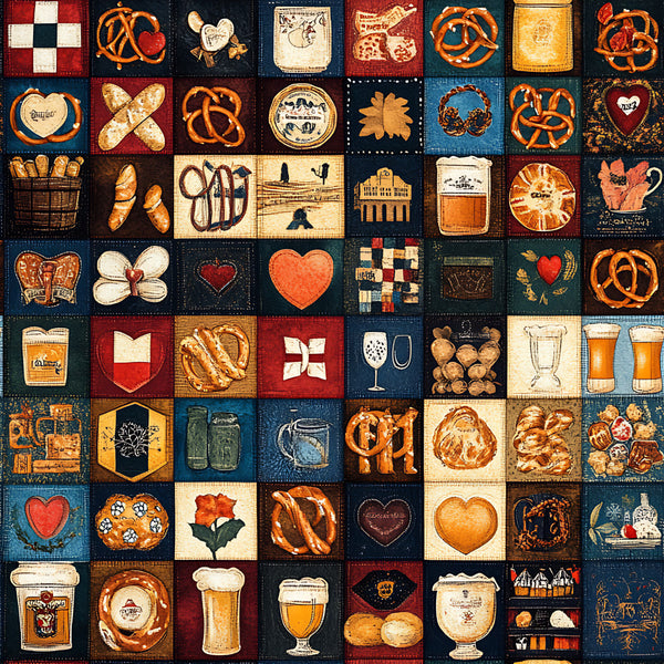 burnt orange, cream, navy blue, deep red, dark teal, rust, gold, heart motifs, pretzel, bread, beer, bavarian, german, vintage, retro, traditional, rustic, farmhouse, folk art, cottagecore, food themed, culinary, kitchen decor, brewery, oktoberfest, cozy aesthetic, warm tones, heritage design, cultural pattern