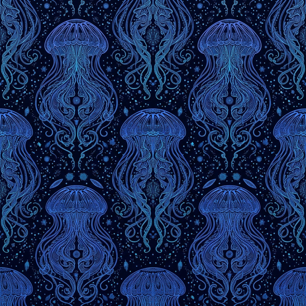 navy blue, midnight blue, deep blue, light blue, cyan, jellyfish, ocean, marine life, sea creatures, underwater, nautical, celestial, cosmic, stars, elegant, whimsical, ornate, decorative, vintage, traditional, intricate line work, bioluminescent, deep sea, ocean themed, water inspired, fantasy, magical, detailed illustration, dark blue background, starry night