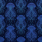 navy blue, midnight blue, deep blue, light blue, cyan, jellyfish, ocean, marine life, sea creatures, underwater, nautical, celestial, cosmic, stars, elegant, whimsical, ornate, decorative, vintage, traditional, intricate line work, bioluminescent, deep sea, ocean themed, water inspired, fantasy, magical, detailed illustration, dark blue background, starry night