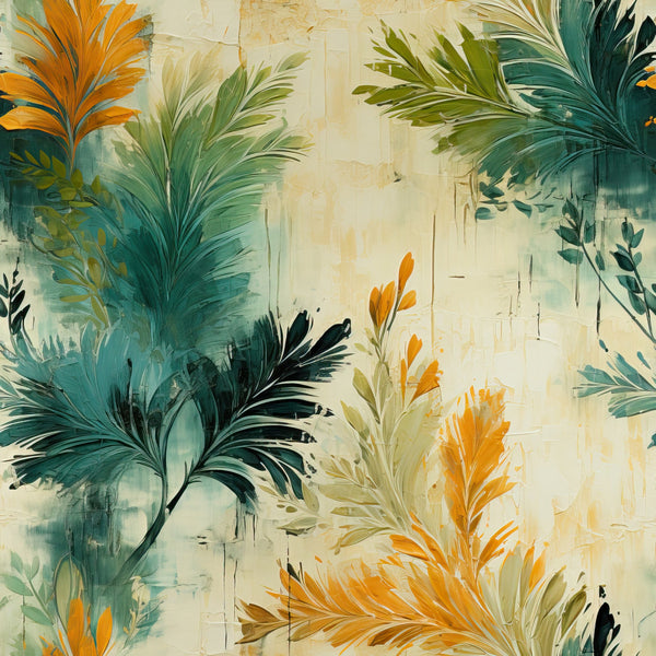 tropical foliage, autumn colors, orange leaves, teal green, sage green, cream background, botanical pattern, palm fronds, feathery leaves, painterly style, artistic brushstrokes,, fabric panel, nature motif, seasonal transition, warm tones, cool tones, tropical plants, leaf clusters, textured appearance