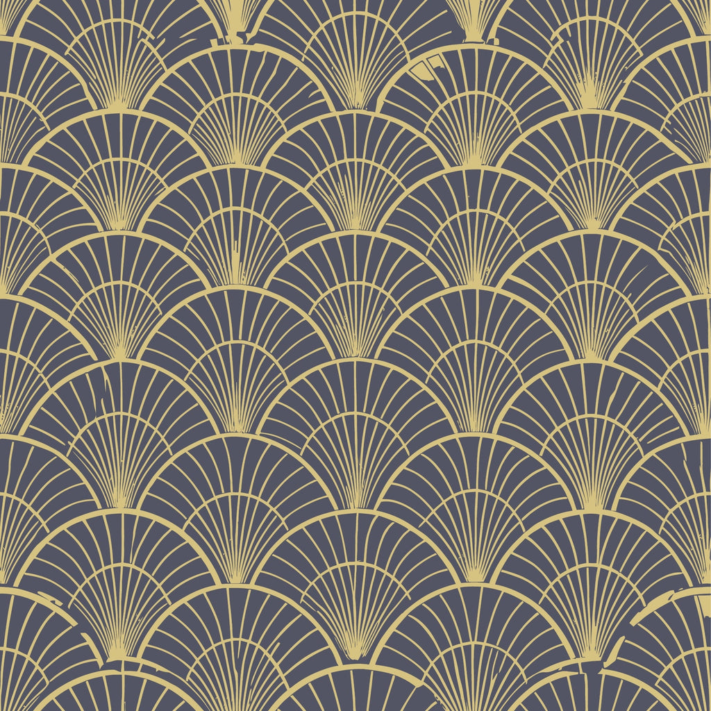 art deco, geometric pattern, fan motif, scalloped design, gold, yellow, purple, gray, repeating pattern, radiating lines, vintage style, elegant, sophisticated,, fabric panel, overlapping scales, sunburst design, luxurious, 1920s inspired, ornamental