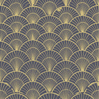 art deco, geometric pattern, fan motif, scalloped design, gold, yellow, purple, gray, repeating pattern, radiating lines, vintage style, elegant, sophisticated,, fabric panel, overlapping scales, sunburst design, luxurious, 1920s inspired, ornamental