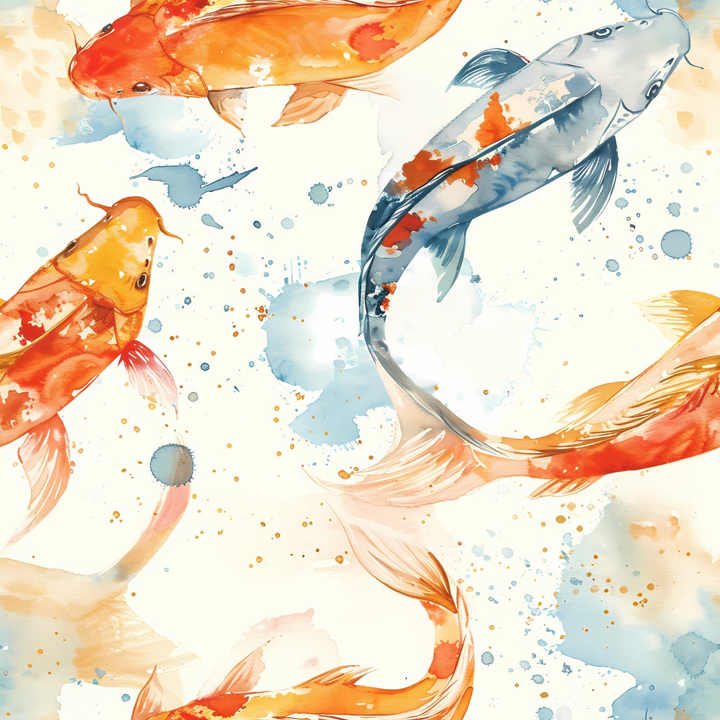 watercolor fish, koi fish, orange fish, blue fish, aquatic animals, swimming fish, watercolor painting, fluid art, splashes, paint splatters, coral orange, navy blue, golden yellow, cream background,, fabric panel, zen style, peaceful mood, artistic fish, flowing movement
