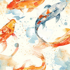 watercolor fish, koi fish, orange fish, blue fish, aquatic animals, swimming fish, watercolor painting, fluid art, splashes, paint splatters, coral orange, navy blue, golden yellow, cream background,, fabric panel, zen style, peaceful mood, artistic fish, flowing movement