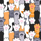 cat paws, animal pattern, pink paw pads, white paws, orange cats, black cats, gray cats, cute design, pet theme, seamless pattern,, fabric panel, playful mood, kawaii style, pet lovers, feline design, multicolored cats, whimsical pattern, craft fabric, sewing material