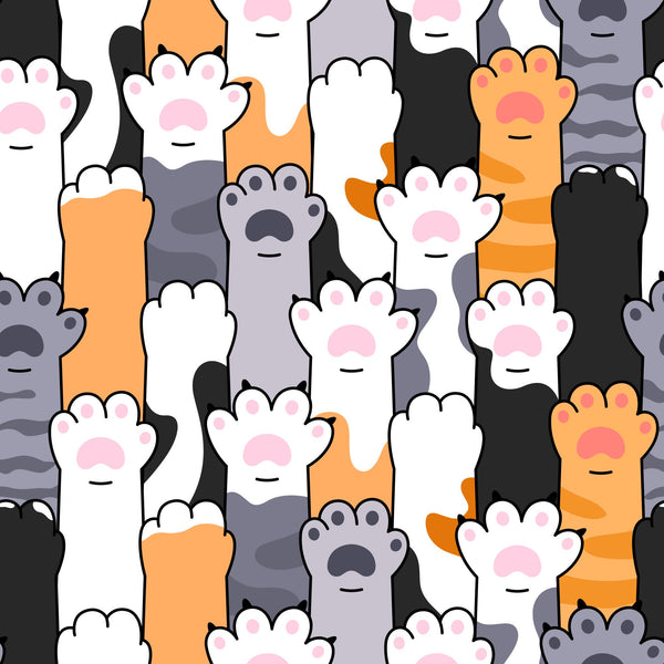 cat paws, animal pattern, pink paw pads, white paws, orange cats, black cats, gray cats, cute design, pet theme, seamless pattern,, fabric panel, playful mood, kawaii style, pet lovers, feline design, multicolored cats, whimsical pattern, craft fabric, sewing material