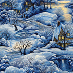 winter scene, snow covered, blue tones, white snow, yellow glow, cozy houses, bare trees, rolling hills,, fabric panel, dawn light, peaceful landscape, snowy village, illuminated windows, winter twilight, serene atmosphere, cottages, winding path, frozen ground, evening sky