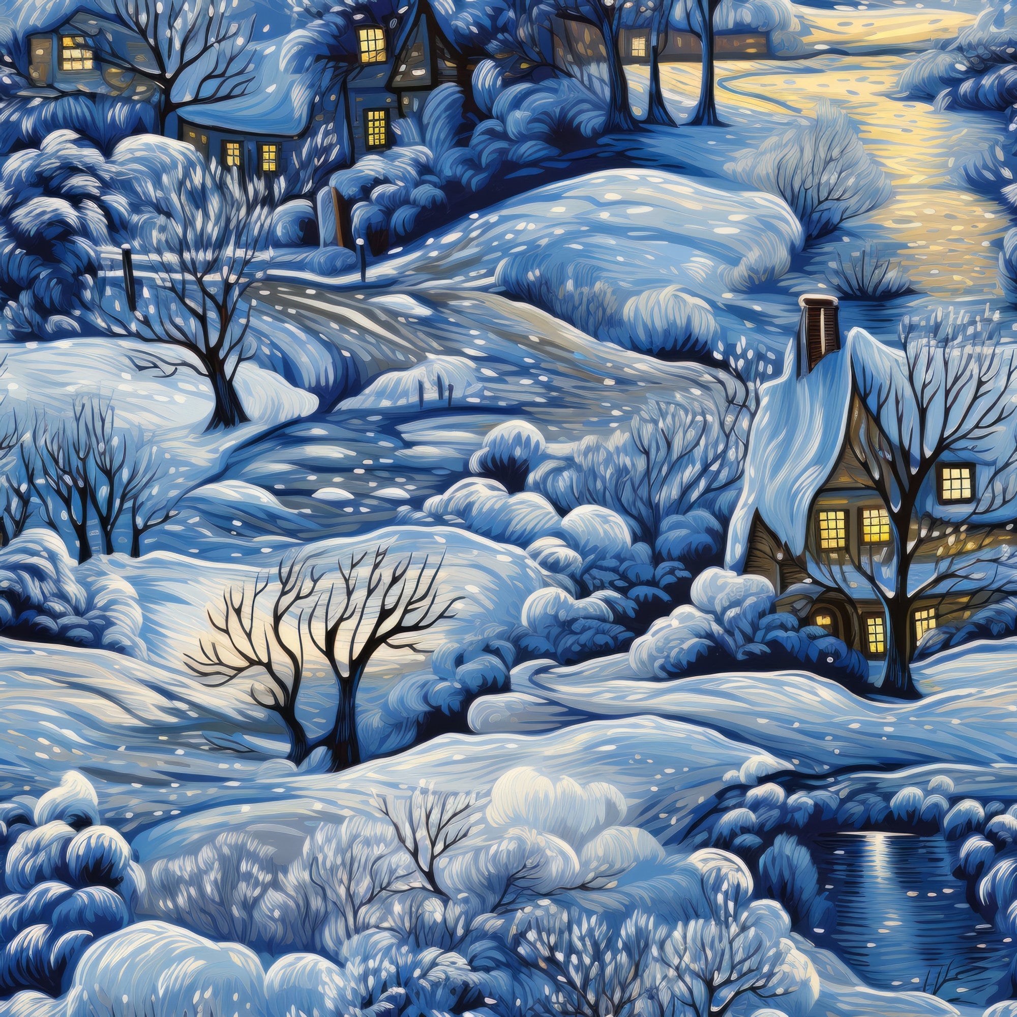 winter scene, snow covered, blue tones, white snow, yellow glow, cozy houses, bare trees, rolling hills,, fabric panel, dawn light, peaceful landscape, snowy village, illuminated windows, winter twilight, serene atmosphere, cottages, winding path, frozen ground, evening sky