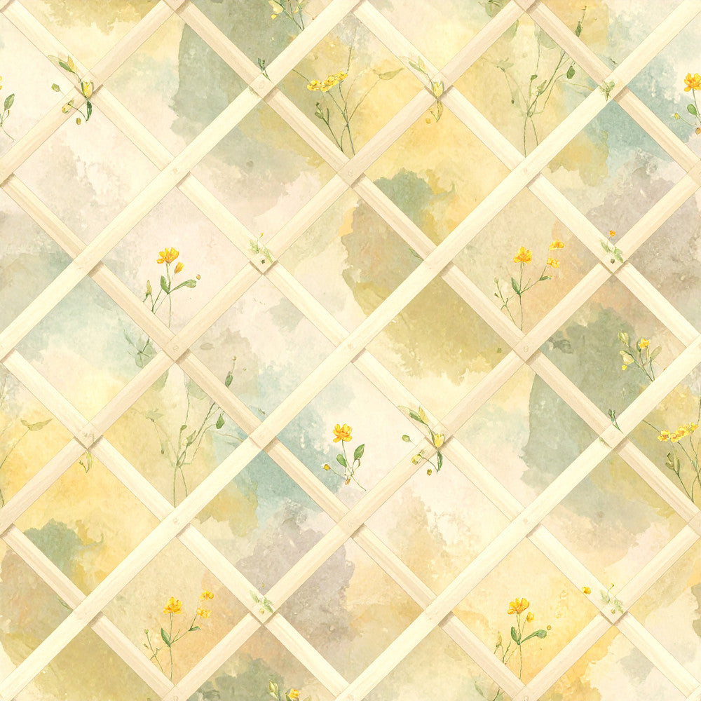 soft yellow, pale green, sage green, dusty blue, cream, watercolor, floral, botanical, delicate flowers, herringbone, diamond pattern, vintage, spring, summer, nature, garden, wildflowers, gentle, soft pastels, whimsical, cottage core, shabby chic, easter, feminine, nursery, baby, calming, artistic watercolor wash