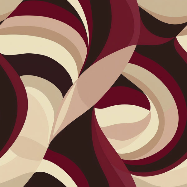 burgundy, deep red, cream, beige, brown, chocolate, abstract swirls, flowing curves, geometric shapes, overlapping circles, modern art, contemporary design, dynamic movement, curved lines, layered patterns,, fabric panel, warm tones, neutral colors, artistic motif