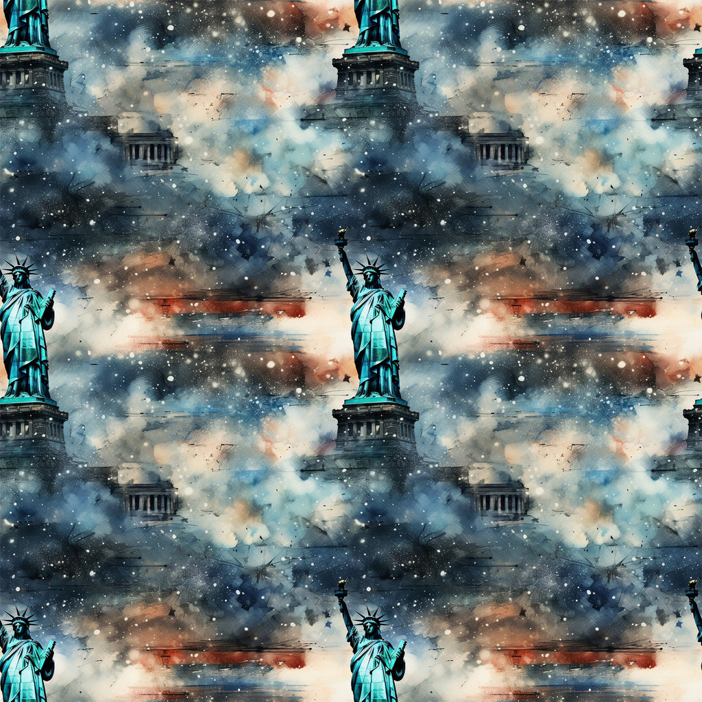 statue of liberty, patriotic, grunge, weathered, distressed, blue, teal, orange, rust, white, stars, cosmic, galaxy, nebula, space,, fabric panel, repeating pattern, american flag colors, vintage aesthetic, textured background