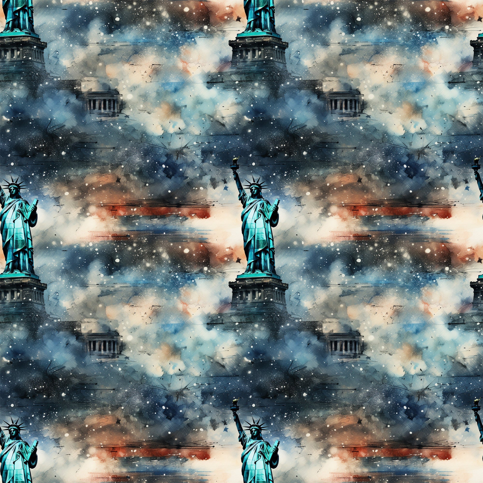 statue of liberty, patriotic, grunge, weathered, distressed, blue, teal, orange, rust, white, stars, cosmic, galaxy, nebula, space,, fabric panel, repeating pattern, american flag colors, vintage aesthetic, textured background