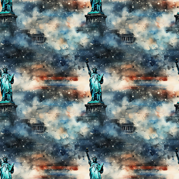 statue of liberty, patriotic, grunge, weathered, distressed, blue, teal, orange, rust, white, stars, cosmic, galaxy, nebula, space,, fabric panel, repeating pattern, american flag colors, vintage aesthetic, textured background