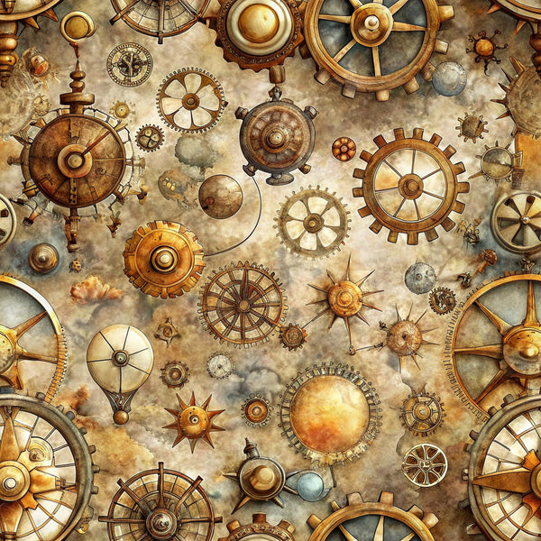 steampunk, gears, cogs, mechanical parts, vintage maps, brass, copper, bronze, sepia tones, golden brown, antiqued, weathered, industrial, clockwork, compass rose, nautical instruments,, fabric panel, victorian era, machinery motifs