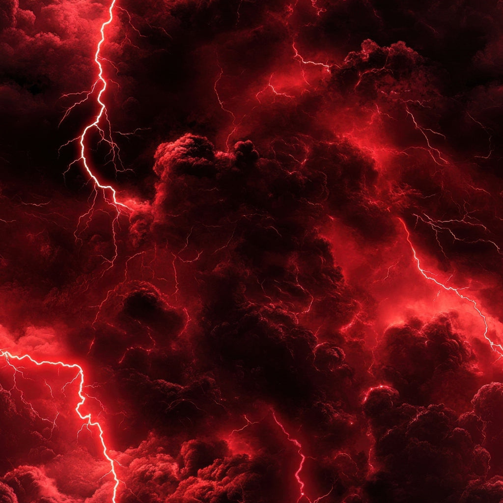red, crimson, scarlet, lightning bolts, thunderstorm, storm clouds, dramatic sky, electric patterns, weather pattern,, fabric panel, atmospheric, intense mood, stormy scene, electrical discharge, dark clouds, meteorological theme, nature elements, tempest design, dramatic lighting