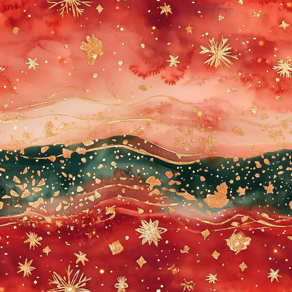 red, gold, cream, forest green, coral pink, festive, holiday, christmas, winter, elegant, glamorous, luxe, snowflakes, stars, geometric shapes, sparkly, metallic, glitter effect, celestial, landscape, mountains, night sky, festive decor, holiday themed, winter celebration, premium, luxury, sophisticated, shimmer, dimensional