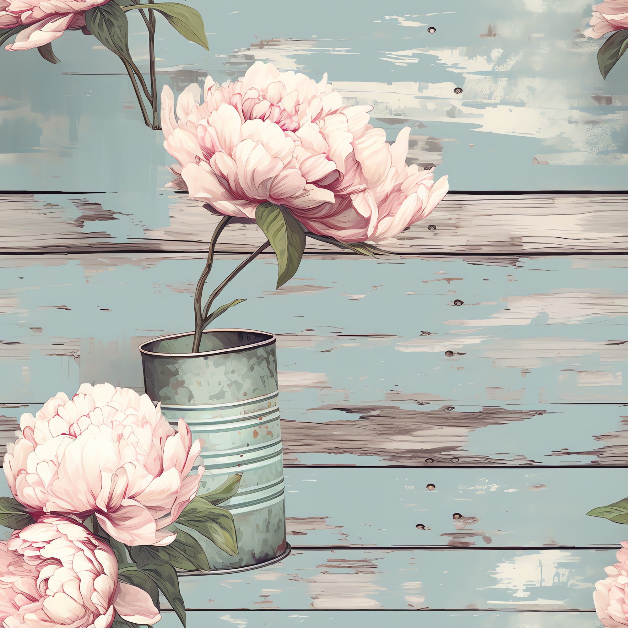 pink peonies, sage green, dusty blue, weathered wood, rustic tin can, farmhouse style, floral arrangement, cottage core, vintage aesthetic,, fabric panel, shabby chic, botanical illustration, soft pastels, distressed finish, country flowers, garden blooms, rustic vase, painted wood planks, spring florals