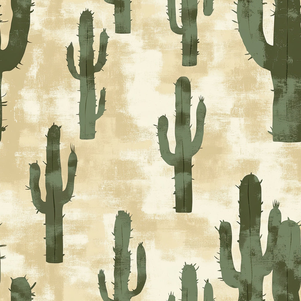 sage green, beige, cream, cactus pattern, saguaro cactus, desert plants, southwestern style, western theme, botanical motifs,, fabric panel, distressed texture, vintage wash, earthy tones, desert landscape, spiky plants, repeating pattern, rustic style, natural colors, muted palette