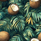 forest green, emerald green, golden yellow, cream white, brown, coconuts, tropical leaves, palm fronds, jungle pattern, botanical design, tropical paradise, lush foliage, exotic fruits,, fabric panel, tropical theme, summer vibes, nature motif, hawaiian style, resort pattern