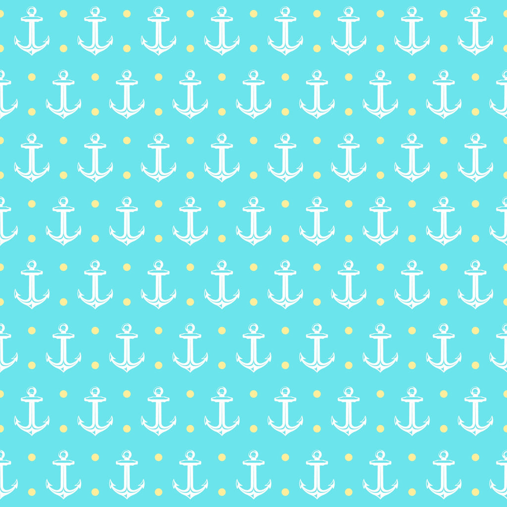 turquoise, aqua blue, yellow dots, white anchors, nautical pattern, maritime symbols, summer beach, ocean theme, repetitive design, geometric layout, sailing motif, coastal style,, fabric panel, sea inspired, marine elements, polka dots, anchor symbols, tropical colors, beachy vibes
