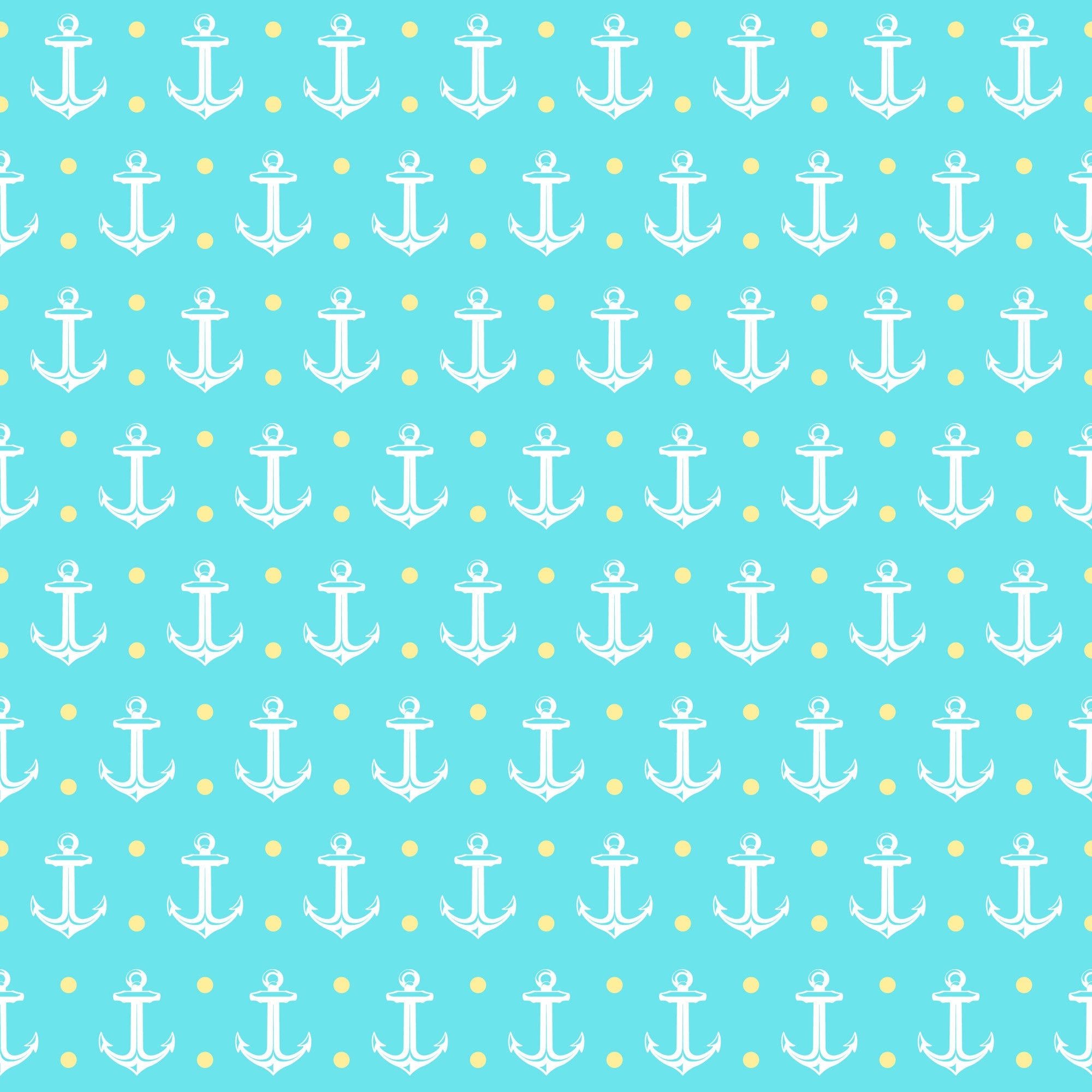 turquoise, aqua blue, yellow dots, white anchors, nautical pattern, maritime symbols, summer beach, ocean theme, repetitive design, geometric layout, sailing motif, coastal style,, fabric panel, sea inspired, marine elements, polka dots, anchor symbols, tropical colors, beachy vibes