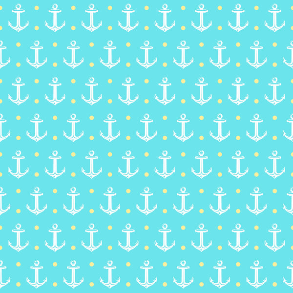 turquoise, aqua blue, yellow dots, white anchors, nautical pattern, maritime symbols, summer beach, ocean theme, repetitive design, geometric layout, sailing motif, coastal style,, fabric panel, sea inspired, marine elements, polka dots, anchor symbols, tropical colors, beachy vibes