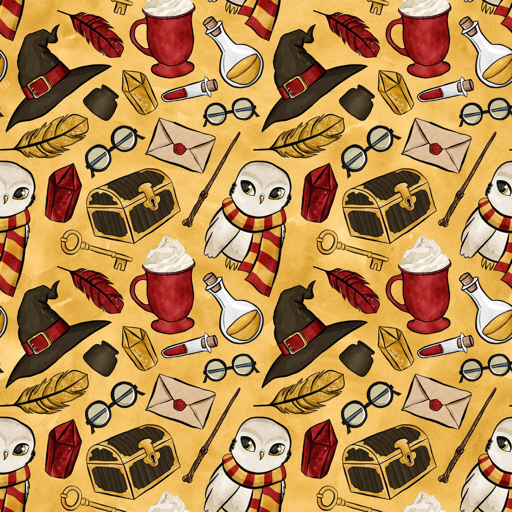 wizard, magical, owl, potions, witch hat, spell book, feathers, trunk, wand, keys, letters, glasses, red scarf, golden yellow, burgundy, black, white, whimsical pattern, repeating motifs,, fabric panel, fantasy theme, school supplies, magical accessories, butterbeer mug