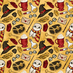 wizard, magical, owl, potions, witch hat, spell book, feathers, trunk, wand, keys, letters, glasses, red scarf, golden yellow, burgundy, black, white, whimsical pattern, repeating motifs,, fabric panel, fantasy theme, school supplies, magical accessories, butterbeer mug