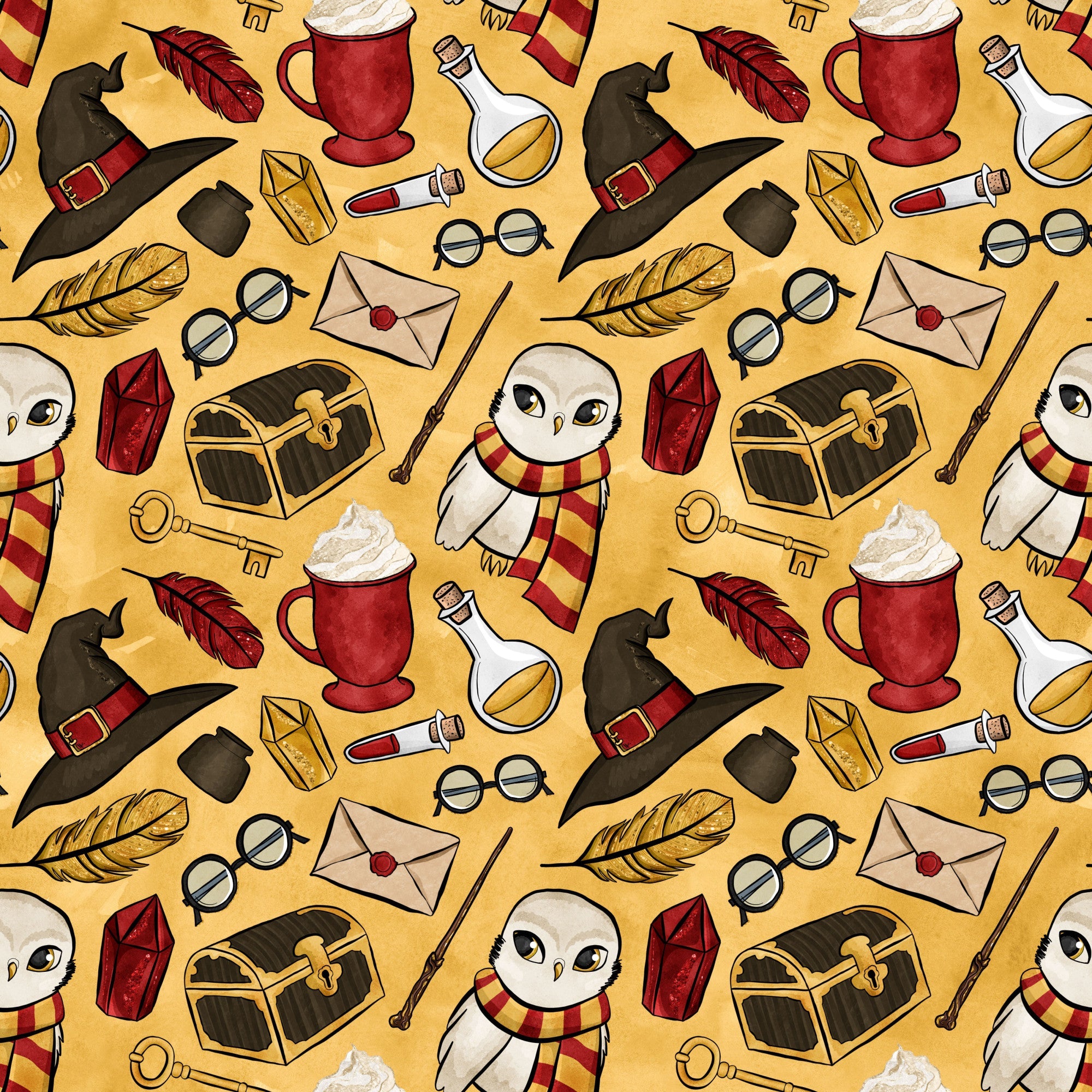 wizard, magical, owl, potions, witch hat, spell book, feathers, trunk, wand, keys, letters, glasses, red scarf, golden yellow, burgundy, black, white, whimsical pattern, repeating motifs,, fabric panel, fantasy theme, school supplies, magical accessories, butterbeer mug