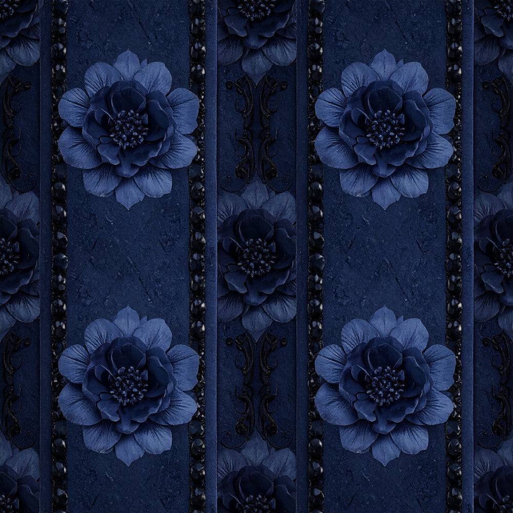 midnight blue, navy blue, dark blue, indigo, deep blue, floral, flowers, blooms, roses, botanical, ornamental, elegant, luxurious, vintage, damask, decorative, sophisticated, classic, traditional, ornate, formal, romantic, garden, nature, detailed, textured, paneled, striped borders, dark florals, blue florals