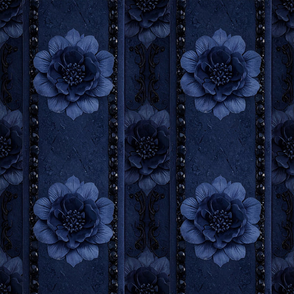 midnight blue, navy blue, dark blue, indigo, deep blue, floral, flowers, blooms, roses, botanical, ornamental, elegant, luxurious, vintage, damask, decorative, sophisticated, classic, traditional, ornate, formal, romantic, garden, nature, detailed, textured, paneled, striped borders, dark florals, blue florals