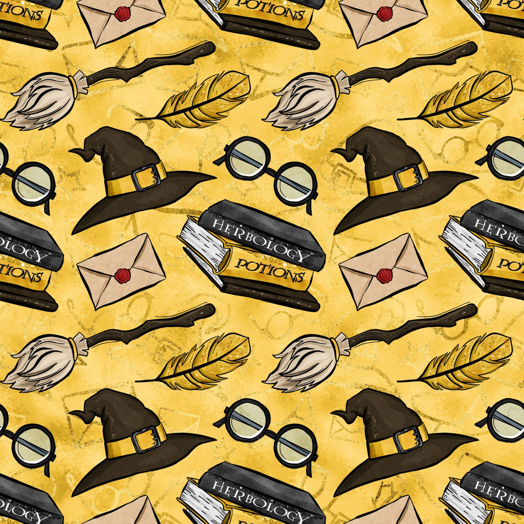 yellow background, golden yellow, witch hat, round glasses, broomstick, feather quill, herbology potions, envelope letter, magical elements, wizard theme, repeating pattern,, fabric panel, school supplies, potion bottles, vintage style, whimsical design, fantasy motifs, craft fabric, sewing material