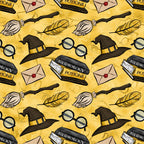yellow background, golden yellow, witch hat, round glasses, broomstick, feather quill, herbology potions, envelope letter, magical elements, wizard theme, repeating pattern,, fabric panel, school supplies, potion bottles, vintage style, whimsical design, fantasy motifs, craft fabric, sewing material