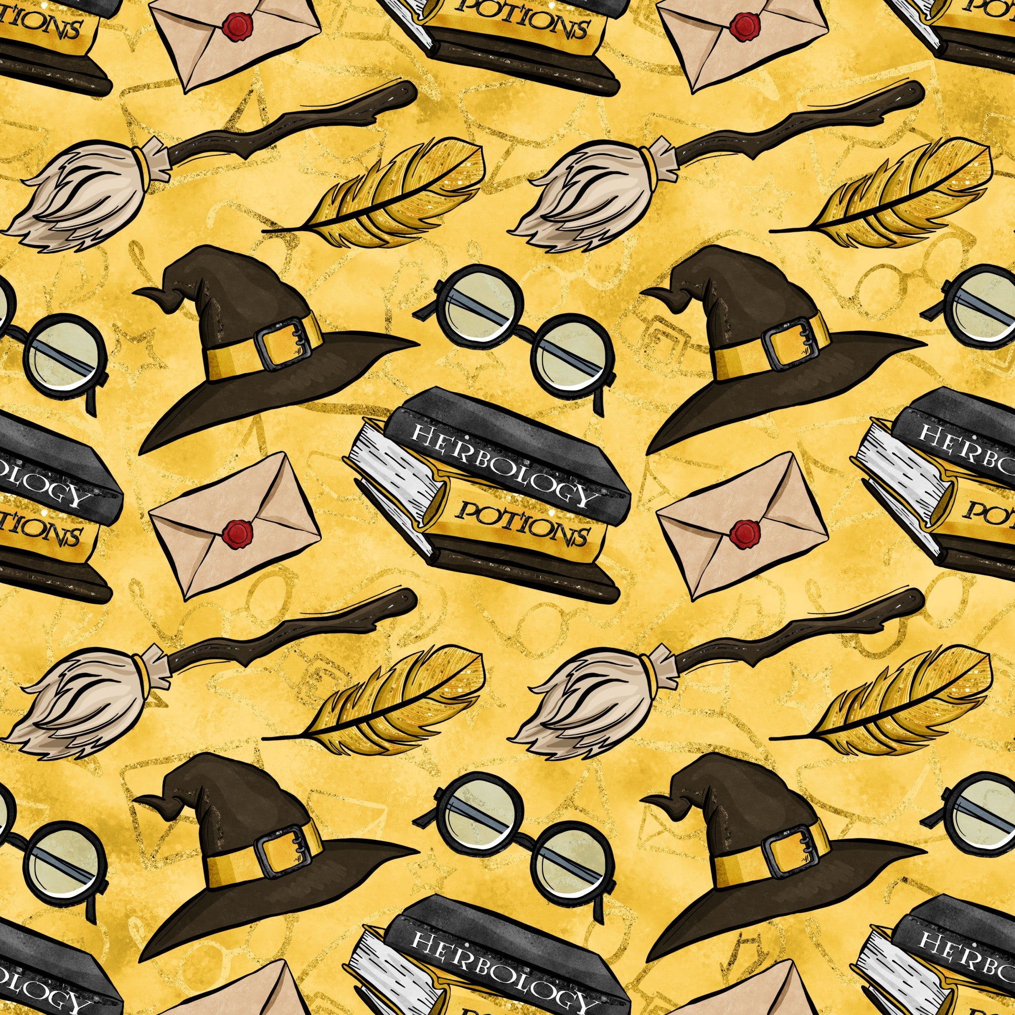 yellow background, golden yellow, witch hat, round glasses, broomstick, feather quill, herbology potions, envelope letter, magical elements, wizard theme, repeating pattern,, fabric panel, school supplies, potion bottles, vintage style, whimsical design, fantasy motifs, craft fabric, sewing material