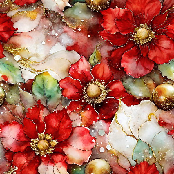 red flowers, gold accents, watercolor floral, deep red, cream white, sage green, burgundy, metallic gold, elegant, luxurious, botanical, nature-inspired, glitter details, sparkly, pearl embellishments, modern floral, sophisticated, romantic, garden flowers, decorative petals, festive, holiday, christmas, special occasion, premium, artistic watercolor, gem-like centers, pearl dots, ornamental