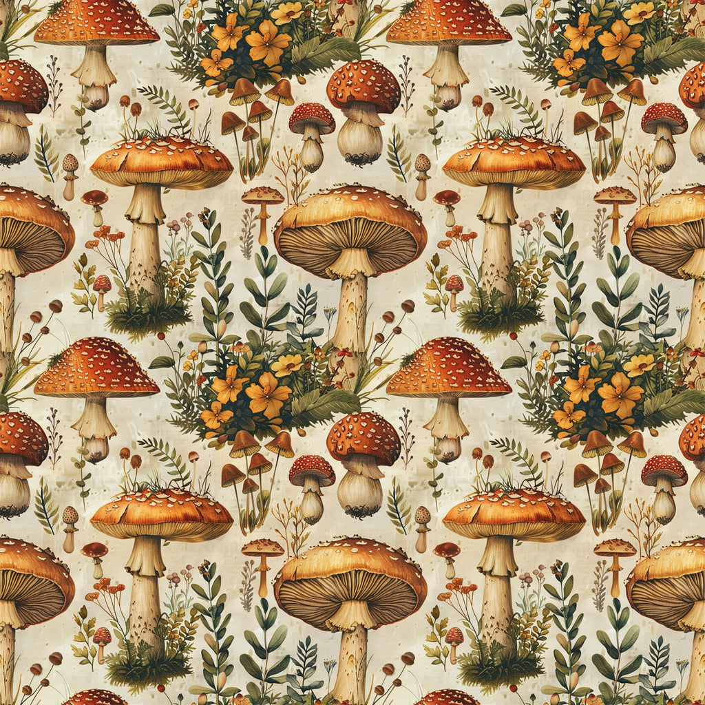 retro mushrooms, botanical pattern,, fabric panel, autumn colors, orange mushrooms, red toadstools, spotted caps, wildflowers, forest fungi, earthy tones, cream background, vintage illustration, nature motif, woodland theme, repetitive design, detailed artwork, fall palette, botanical study, mushroom varieties