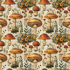 retro mushrooms, botanical pattern,, fabric panel, autumn colors, orange mushrooms, red toadstools, spotted caps, wildflowers, forest fungi, earthy tones, cream background, vintage illustration, nature motif, woodland theme, repetitive design, detailed artwork, fall palette, botanical study, mushroom varieties